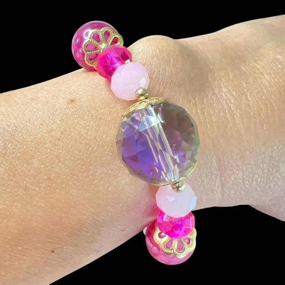 Natural Stone Beaded Bracelet Angel Charm‎ Stretch Pink Crystal Jewelry Women